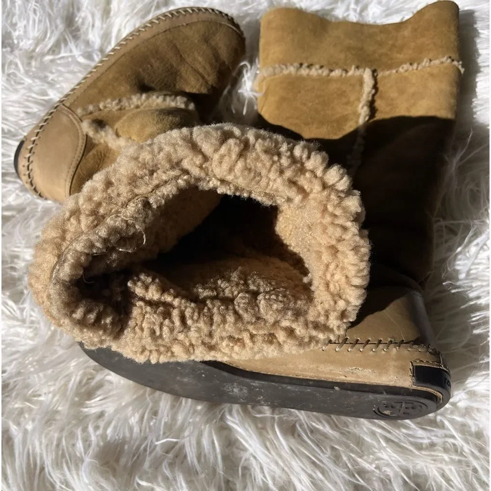 Tory Burch Camel Leather Suede Shearling Tall Reva Moccasin Boots